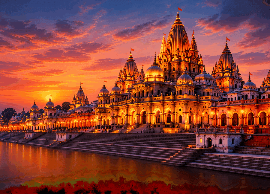 Ayodhya riverfront temples at dusk